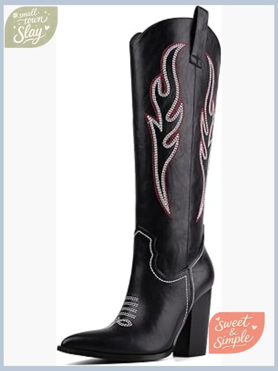 Shoes - Knee High Cowboy Boots Pointed Toe Chunky Heel Side Zip Western Boots